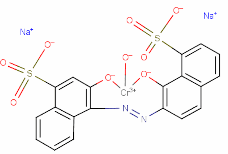 Chemische structuur van C.I. Acid Blue 158, met driewaardig chroom (Cr³⁺) gecomplexeerd met organische liganden