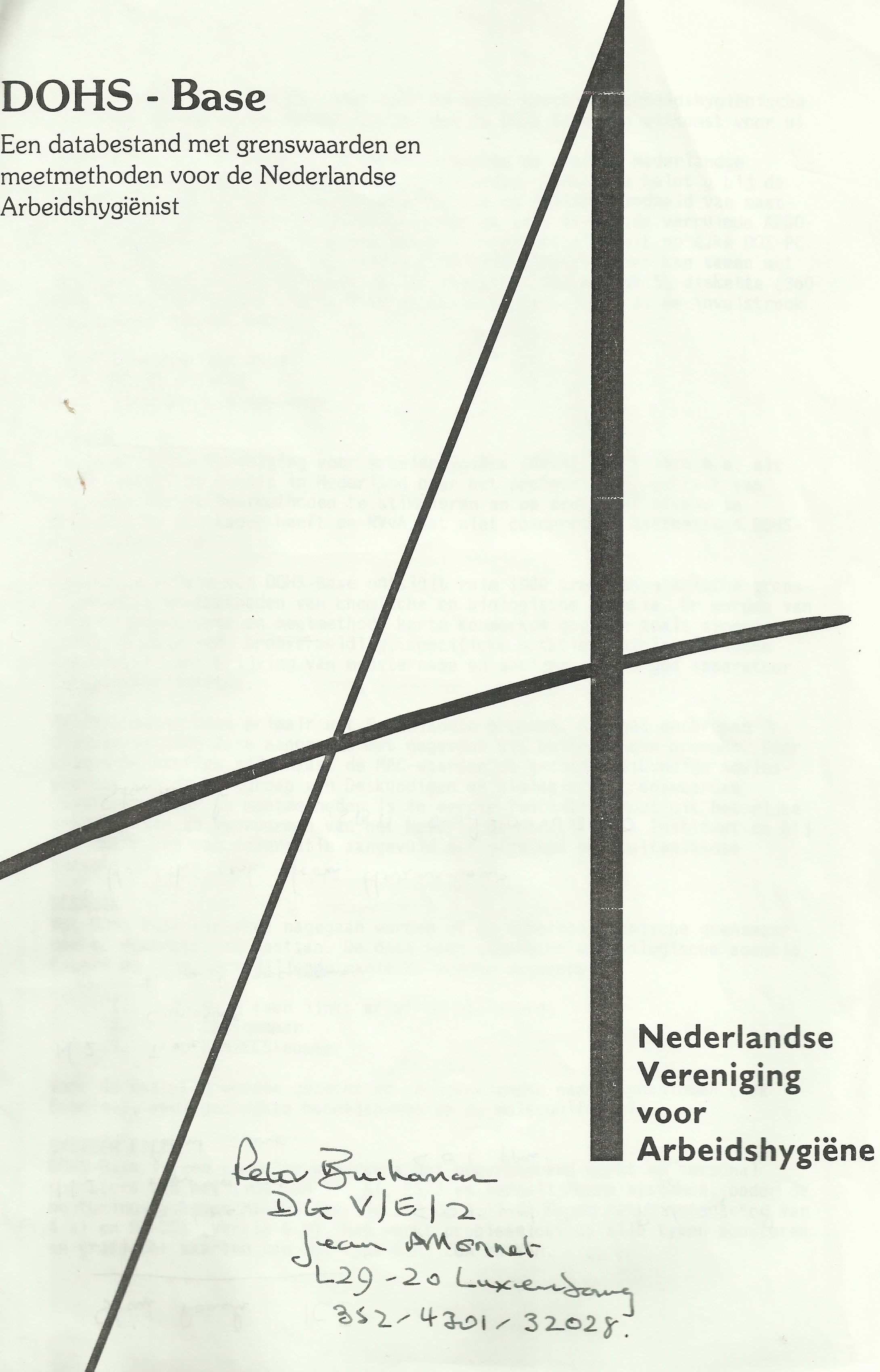 Front cover of the 1992 DOHS-Base brochure of the Dutch Occupational Hygiene Society, showing the title 'DOHS - Base — A database of limit values and measurement methods for the Dutch occupational hygienist' and below it a handwritten address: Peter Buchanan, DG V/E/2, Jean Monnet, L-2920 Luxembourg