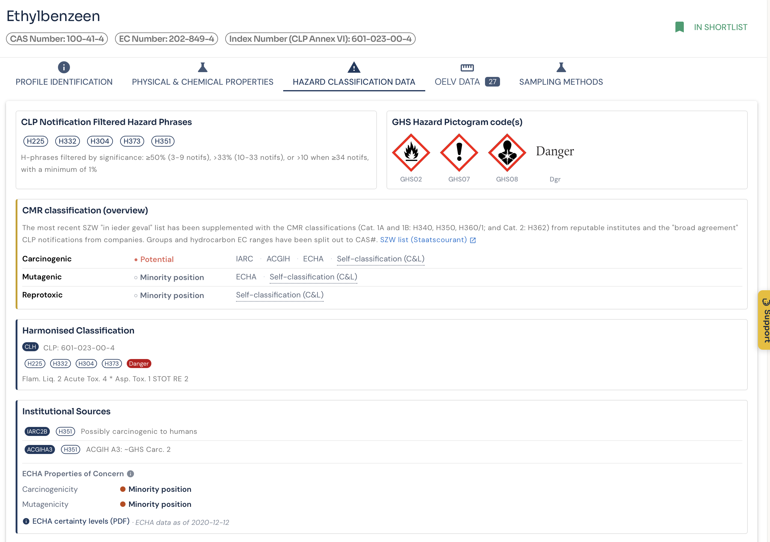 The CMR classification for ethylbenzene in DOHSBase Online, with the ECHA certainty level per category: carcinogenic as Potential, mutagenic and reprotoxic as Minority position