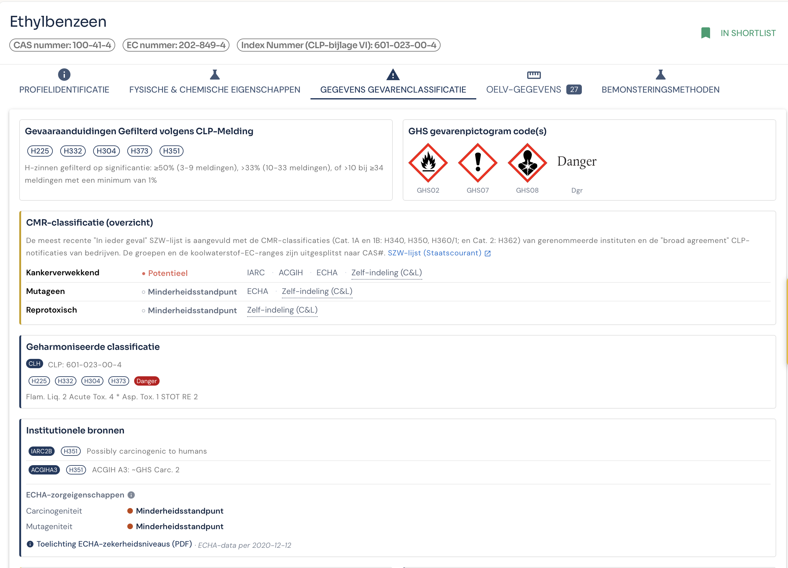De CMR-classificatie voor ethylbenzeen in DOHSBase Online, met per categorie het ECHA-zekerheidsniveau: kankerverwekkend als Potentieel, mutageen en reprotoxisch als Minderheidsstandpunt