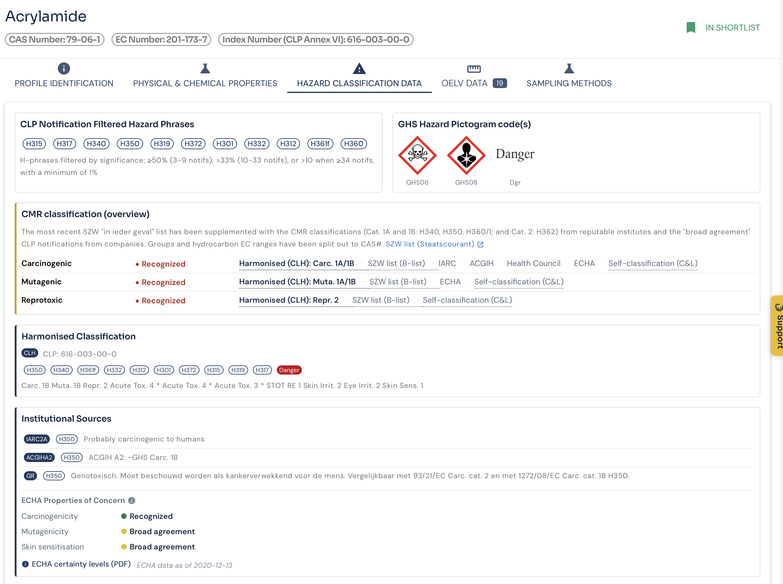 The consolidated CMR classification on the hazard classification tab in DOHSBase Online for acrylamide, with carcinogenic, mutagenic and reprotoxic each marked as Recognised and the contributing sources listed beside them