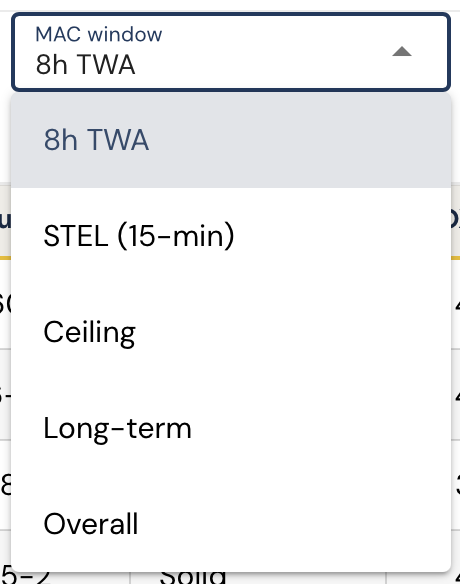 DOHSBase Compare OEL-windowkeuze: dropdown met de opties 8h TWA, STEL 15-min, Ceiling, Long-term, Overall