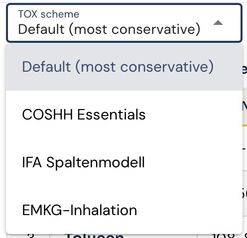 DOHSBase Compare TOX-schemakeuze: dropdown met de opties Default, COSHH, IFA, EMKG