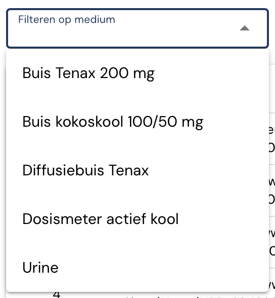 The Filter by medium dropdown showing options such as Tenax tube 200 mg, coconut-shell charcoal tube 100/50 mg, Tenax diffusion tube, activated-charcoal dosimeter and urine