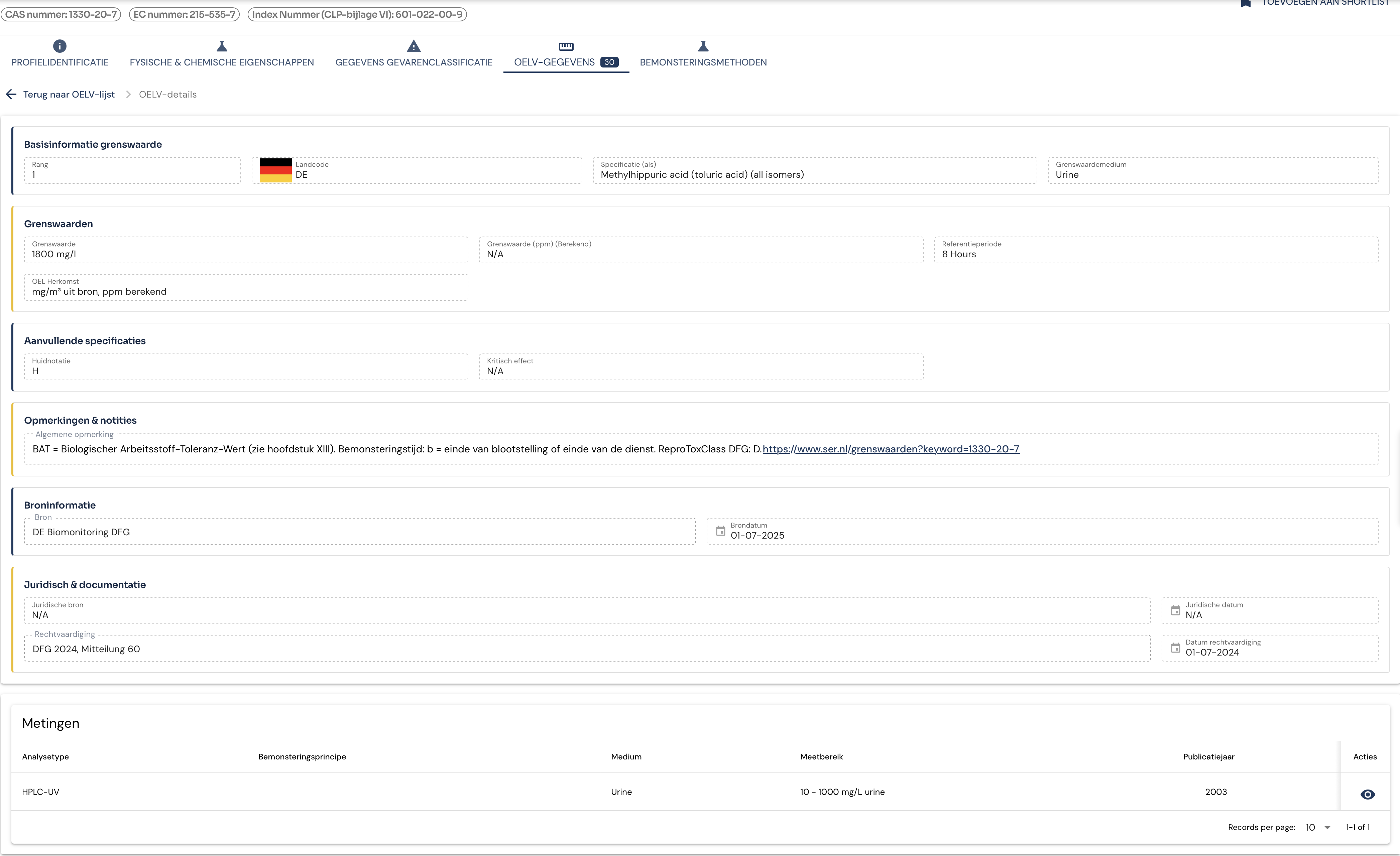 The OELV detail page in DOHSBase Online for a xylene limit value, with basic information, limit values, source and legal information, and at the bottom the Measurements table showing the sampling method tied to this limit