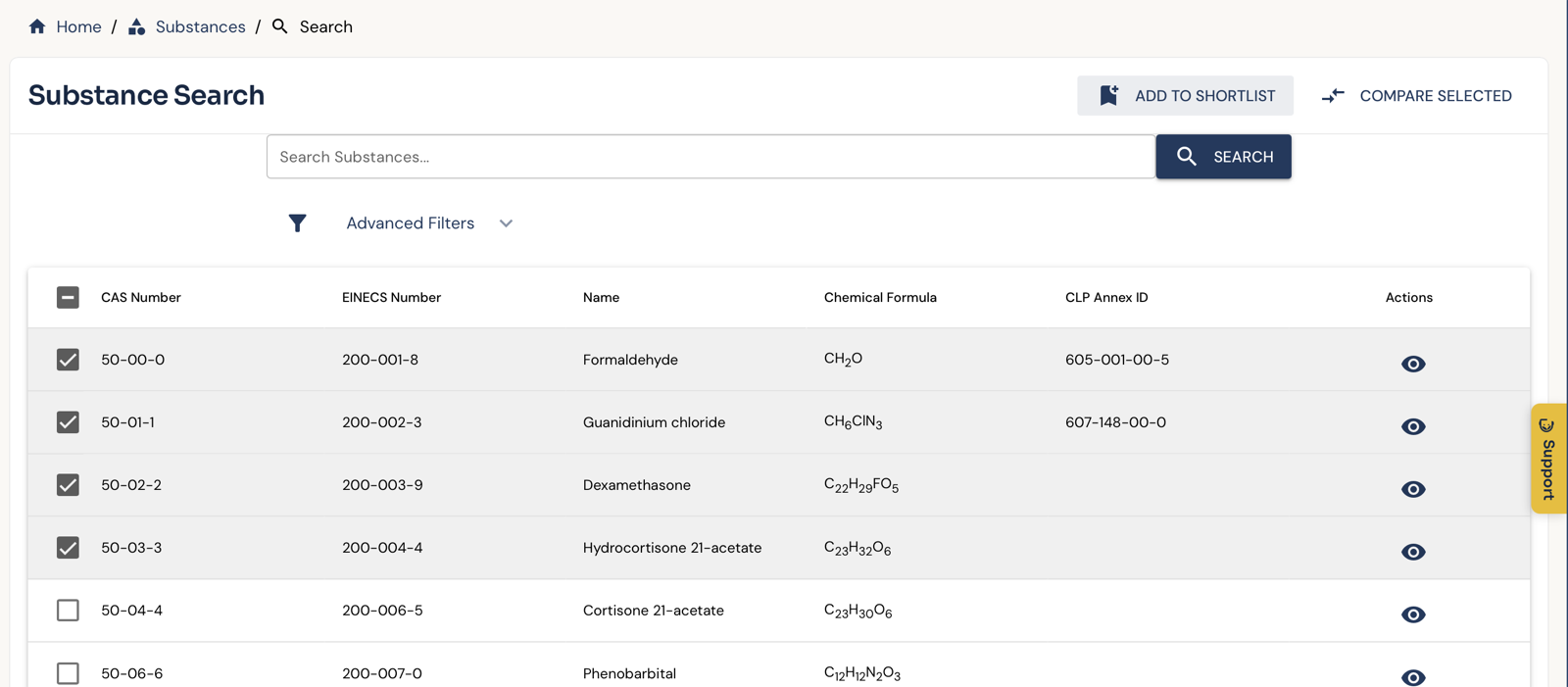 Substance Search in DOHSBase Online: a result list with four substances ticked, including formaldehyde, and the Add to shortlist button at the top right