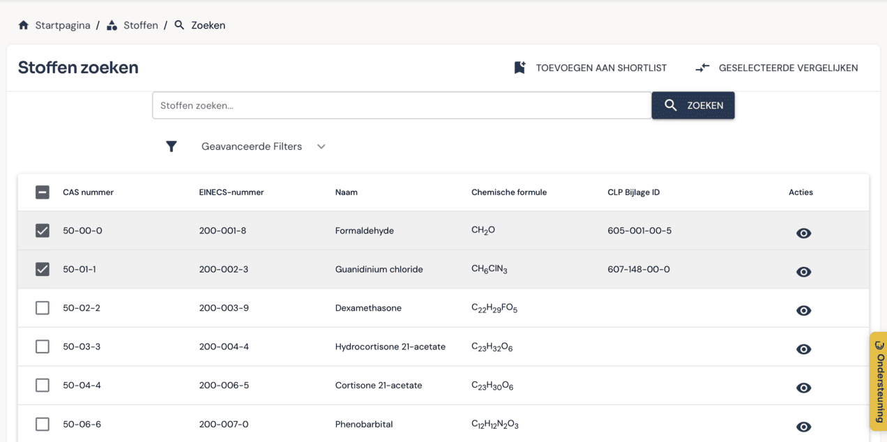 Stoffen zoeken in DOHSBase Online: een zoekresultaat met formaldehyde en guanidiniumchloride aangevinkt, en rechtsboven de knop Toevoegen aan shortlist
